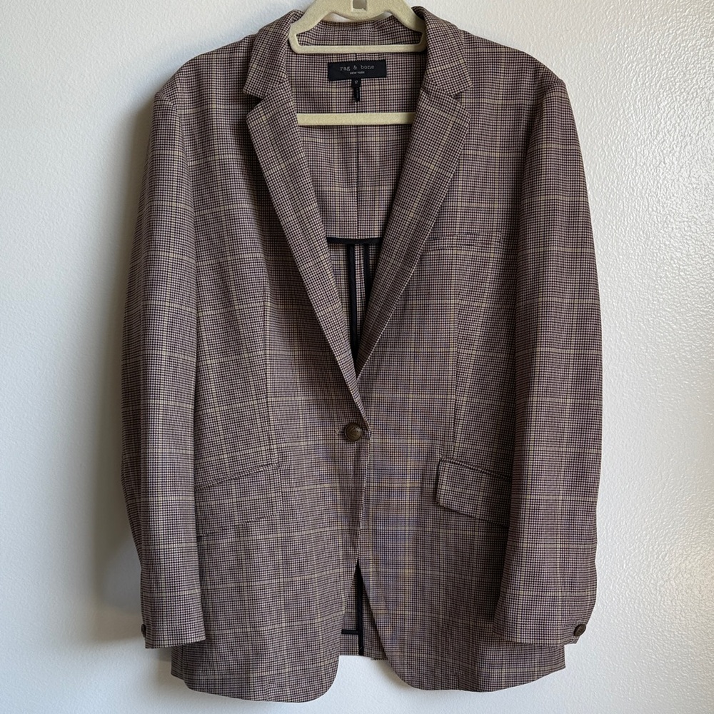 Rag & Bone Brown Tan Multi Margot Check Blazer, Wool Blend, 12, Oversized